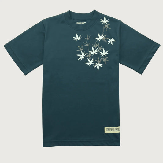 Midnight Steel t-shirt with white floral design on a light gray background