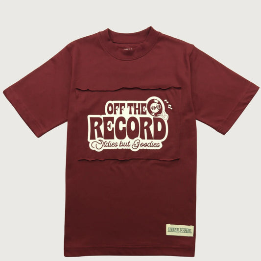 Crimson t-shirt with 'Off The Record' logo on a light gray background