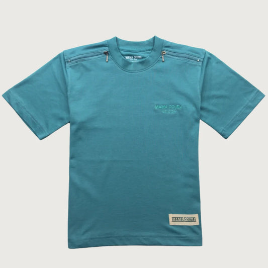 Sapphire Blue t-shirt with zippers on shoulders against a light gray background