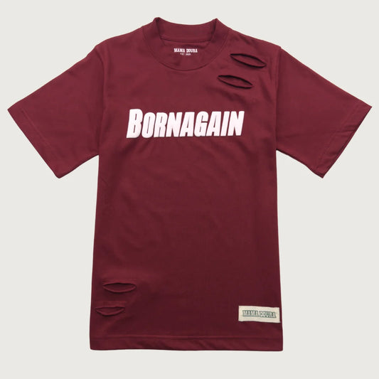 Crimson t-shirt with 'BORNAGAIN' text on a white background