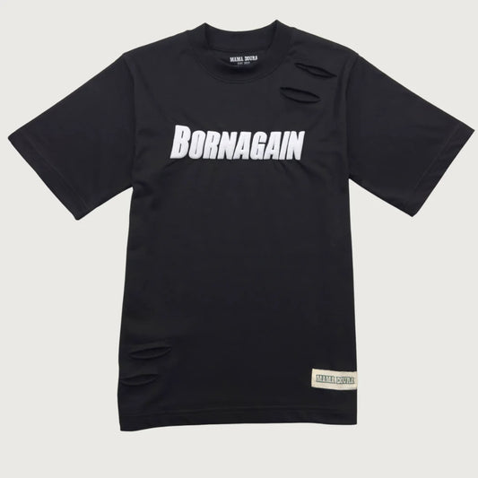 Jet Black t-shirt with 'BORNAGAIN' text on a white background