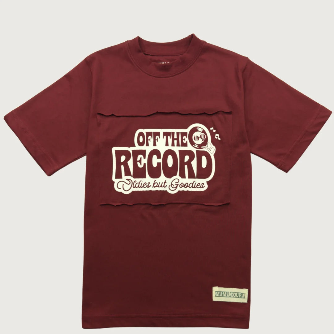 Crimson t-shirt with 'Off The Record' logo on a light gray background