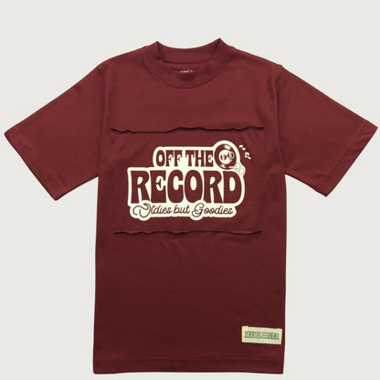 Crimson t-shirt with 'Off The Record' logo on a light gray background
