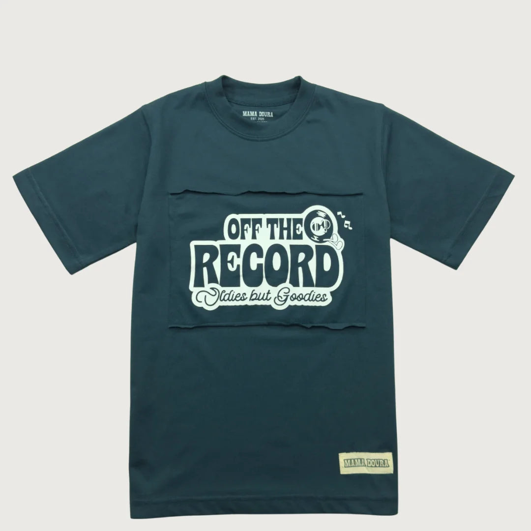 Midnight Steel t-shirt with 'Off The Record' text on a light gray background