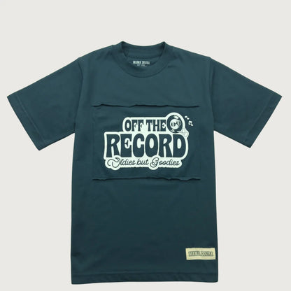 Midnight Steel t-shirt with 'Off The Record' text on a light gray background