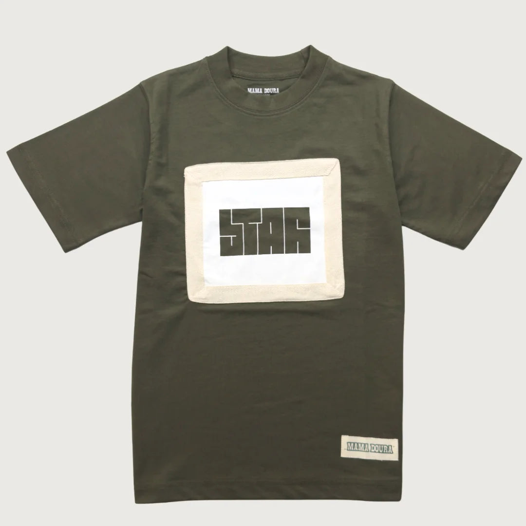 Olive Green t-shirt with a white square design featuring text on a light gray background