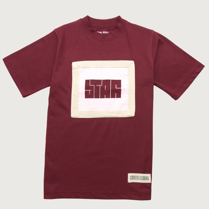 Crimson t-shirt with a square logo on a light gray background