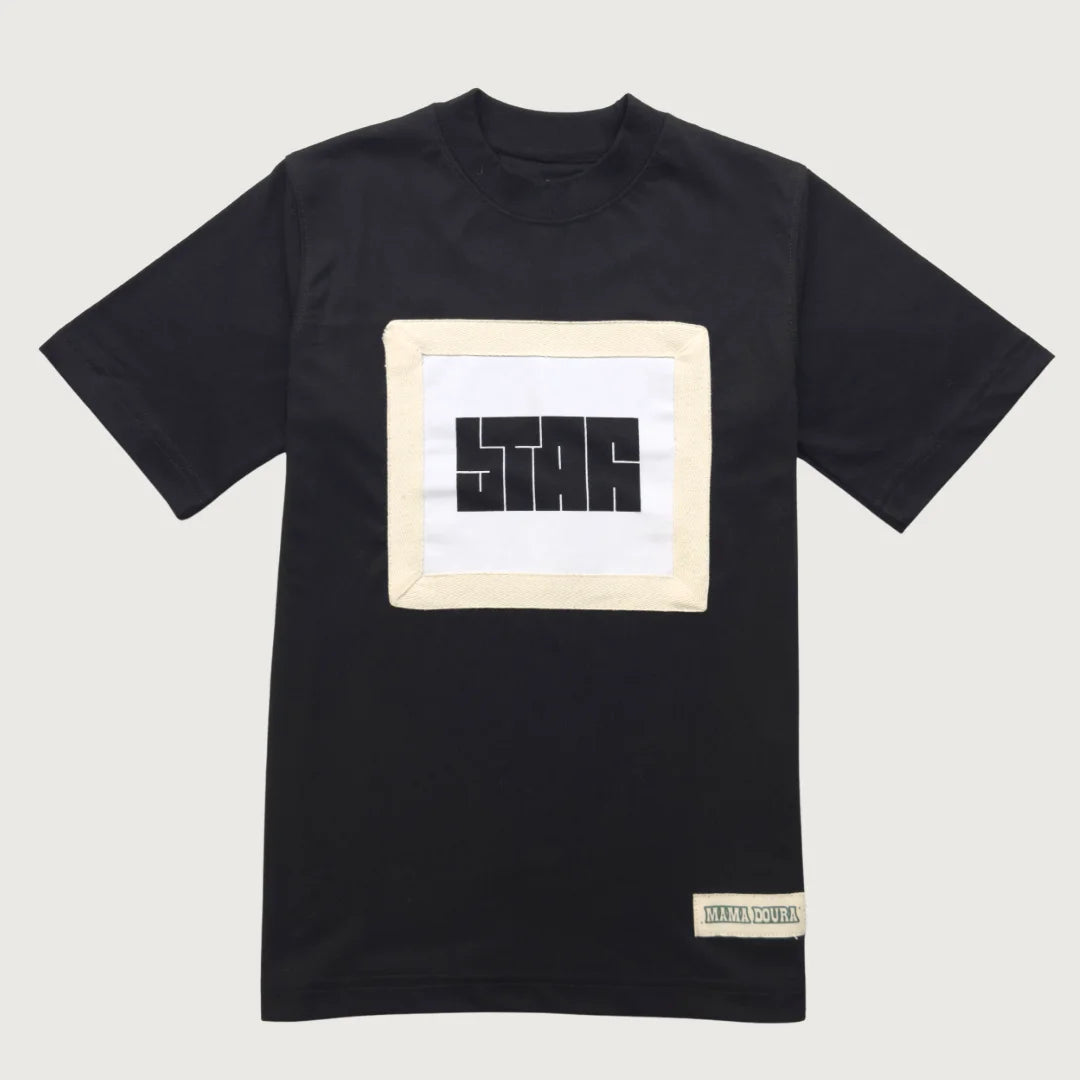 Jet Black t-shirt with a white square patch featuring 'STAR' text on a light gray background