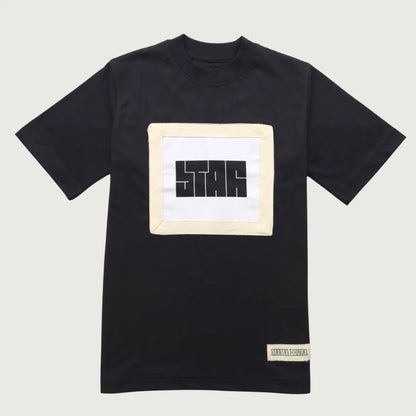 Jet Black t-shirt with a white square patch featuring 'STAR' text on a light gray background