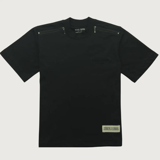 Jet Black t-shirt with zipper details on a light gray background